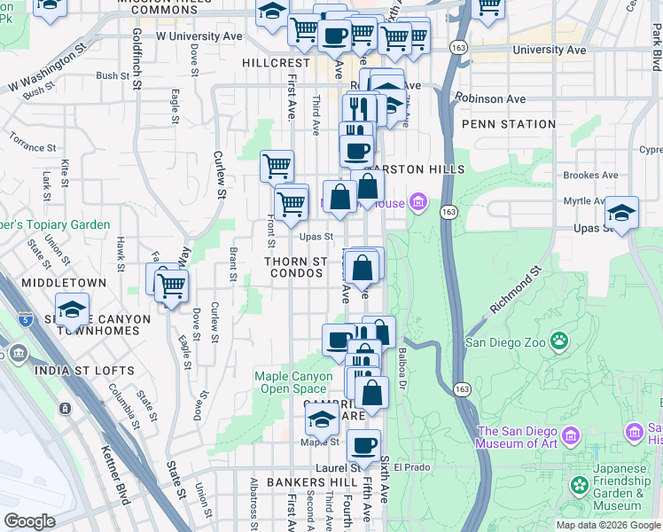 map of restaurants, bars, coffee shops, grocery stores, and more near 3200 Fourth Avenue in San Diego