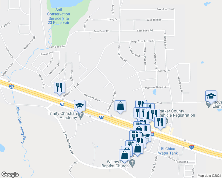 map of restaurants, bars, coffee shops, grocery stores, and more near 201 Chuckwagon Trail in Willow Park