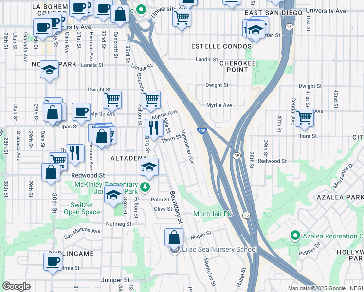 map of restaurants, bars, coffee shops, grocery stores, and more near 3214 Vancouver Avenue in San Diego
