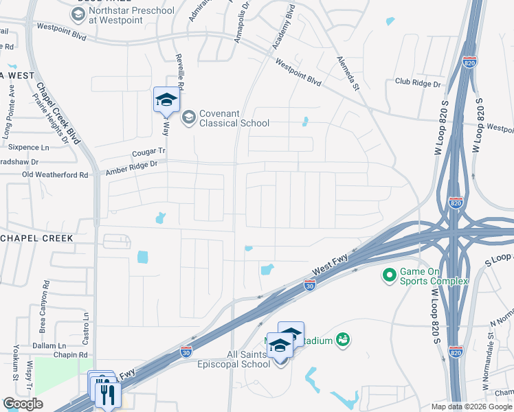 map of restaurants, bars, coffee shops, grocery stores, and more near 9801 Oldwest Trail in Fort Worth