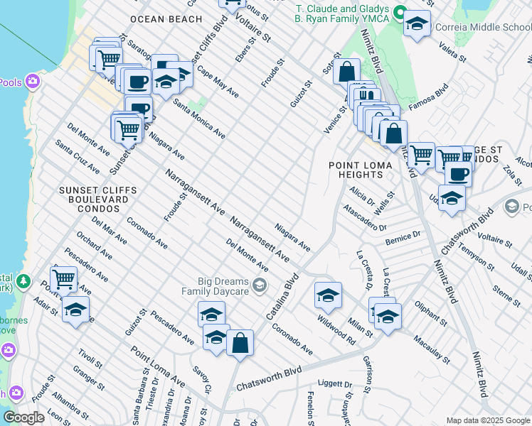map of restaurants, bars, coffee shops, grocery stores, and more near 4386 Niagara Avenue in San Diego