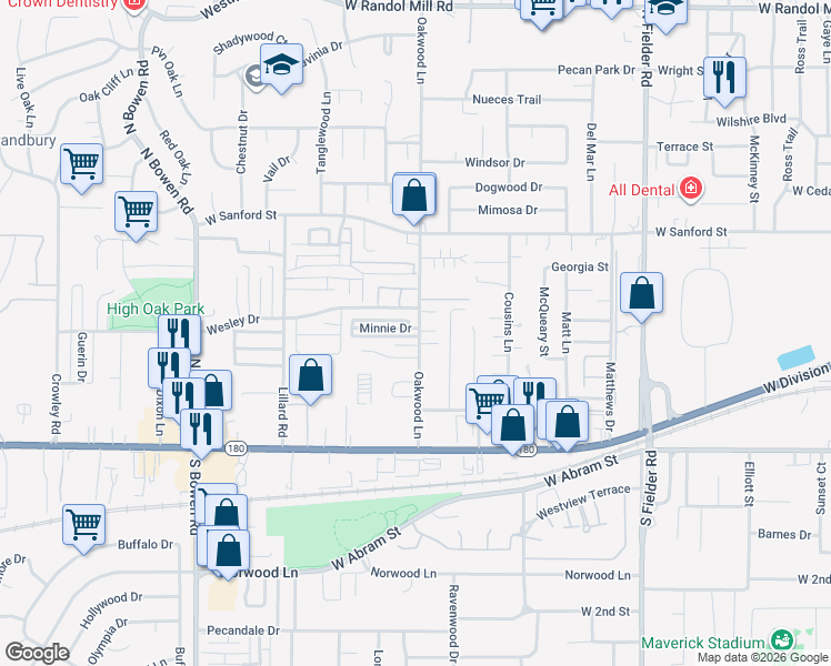 map of restaurants, bars, coffee shops, grocery stores, and more near 2000 Minnie Drive in Arlington