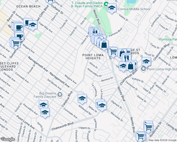 map of restaurants, bars, coffee shops, grocery stores, and more near 4111 Atascadero Drive in San Diego