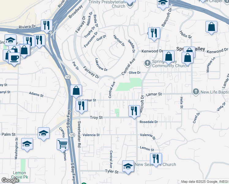 map of restaurants, bars, coffee shops, grocery stores, and more near 8850 Lamar Street in Spring Valley