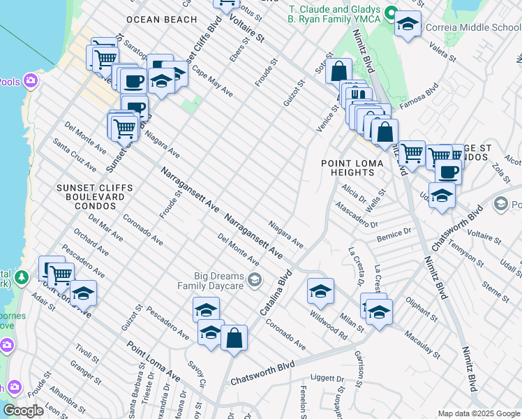 map of restaurants, bars, coffee shops, grocery stores, and more near 4386 Niagara Avenue in San Diego