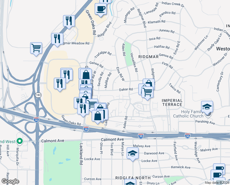 map of restaurants, bars, coffee shops, grocery stores, and more near 2104 Remington Street in Fort Worth