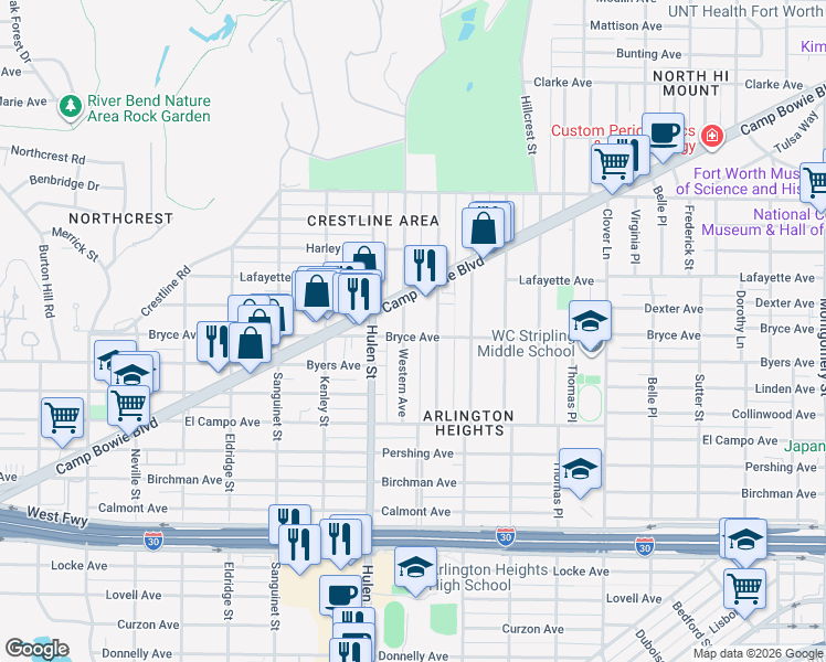 map of restaurants, bars, coffee shops, grocery stores, and more near 2113 Western Avenue in Fort Worth