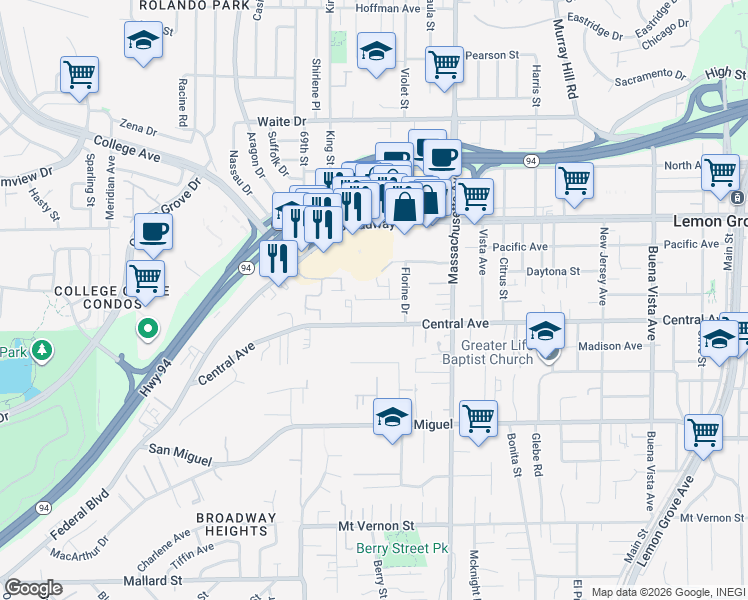 map of restaurants, bars, coffee shops, grocery stores, and more near 7030 Central Avenue in Lemon Grove