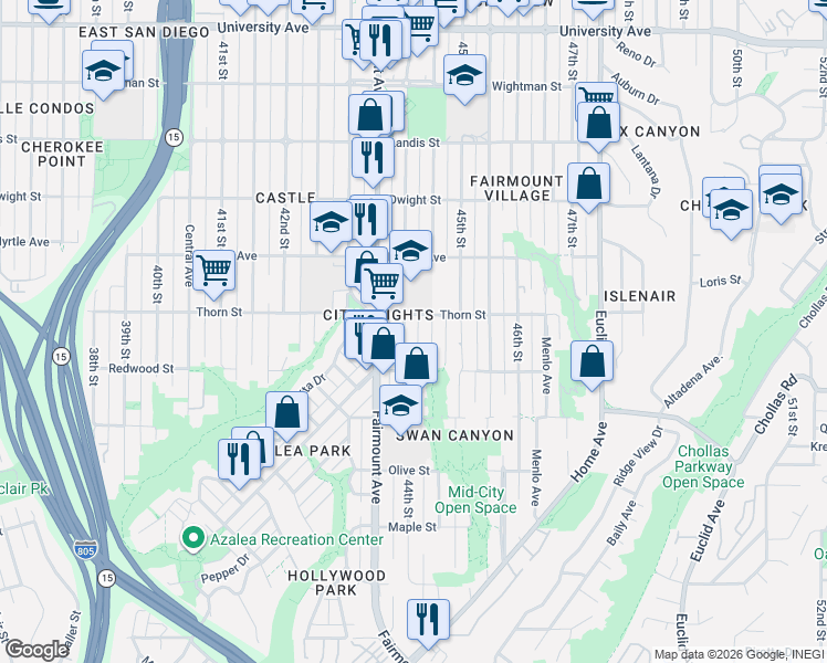 map of restaurants, bars, coffee shops, grocery stores, and more near 3136 Highland Avenue in San Diego