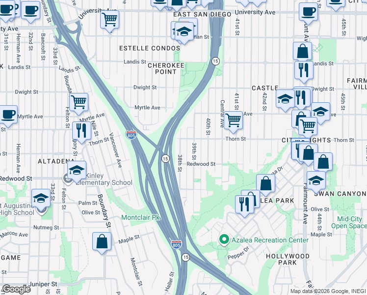 map of restaurants, bars, coffee shops, grocery stores, and more near 3122 39th Street in San Diego