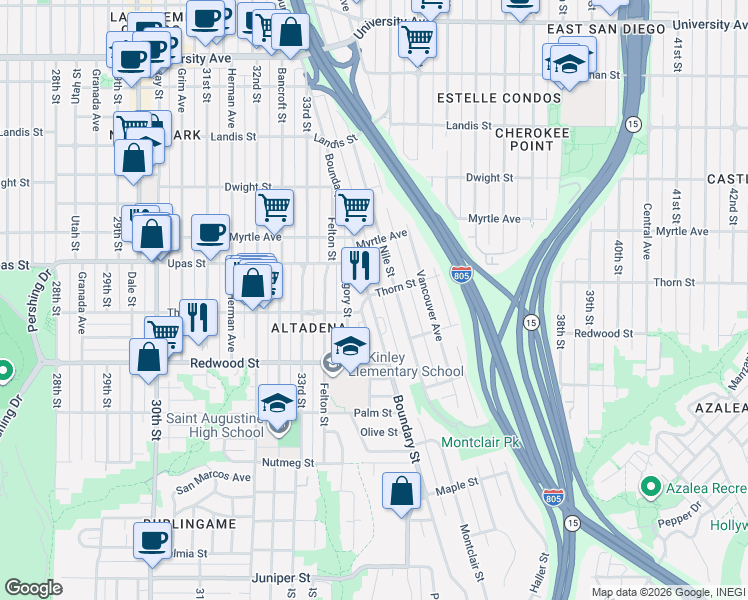 map of restaurants, bars, coffee shops, grocery stores, and more near 3235 Mckinley Street in San Diego