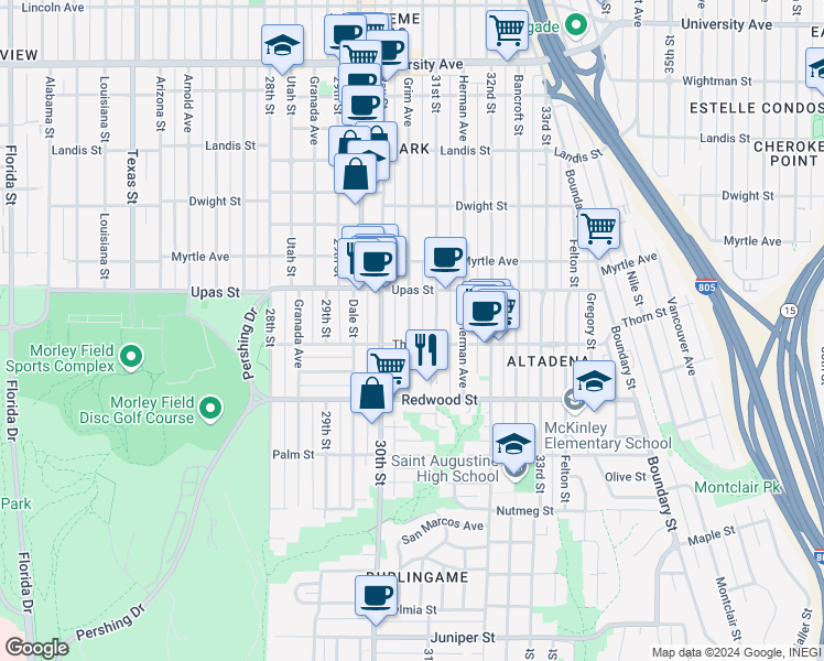 map of restaurants, bars, coffee shops, grocery stores, and more near 3236 31st Street in San Diego