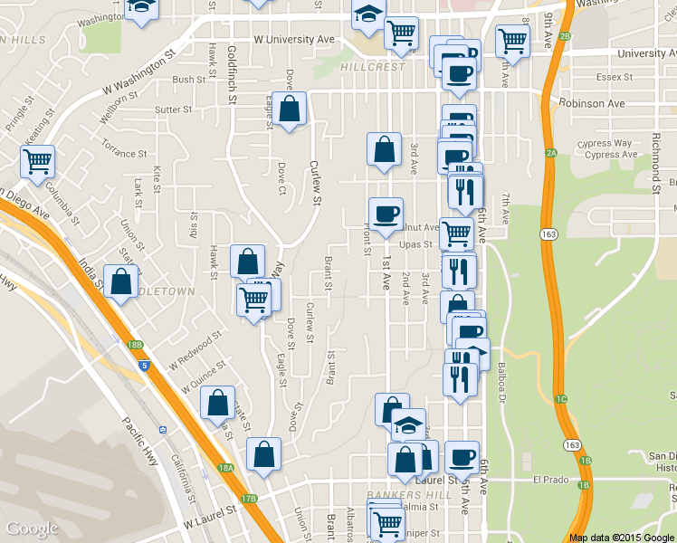 map of restaurants, bars, coffee shops, grocery stores, and more near 3233 Brant Street in San Diego