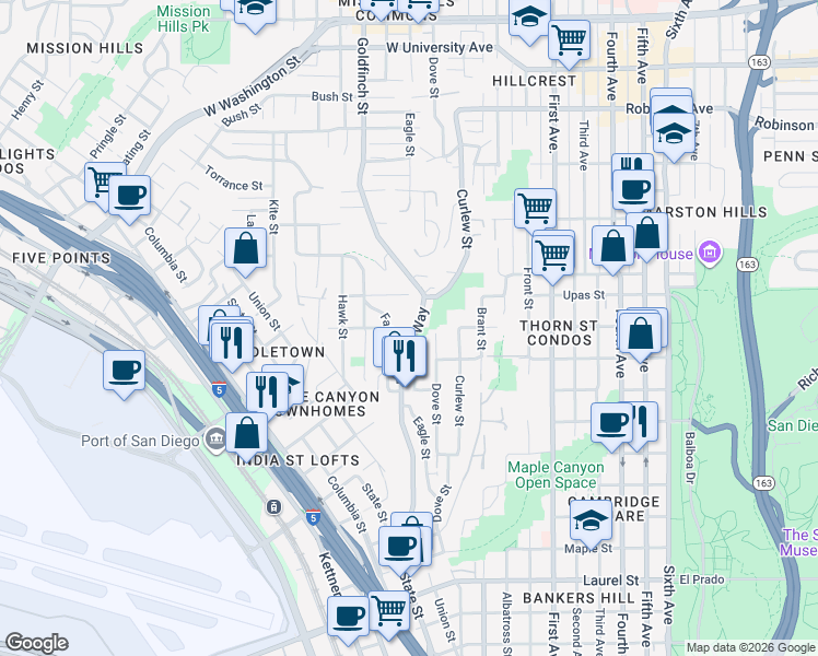 map of restaurants, bars, coffee shops, grocery stores, and more near 3207 Reynard Way in San Diego
