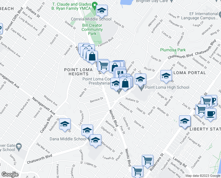 map of restaurants, bars, coffee shops, grocery stores, and more near 3759 Tennyson Street in San Diego