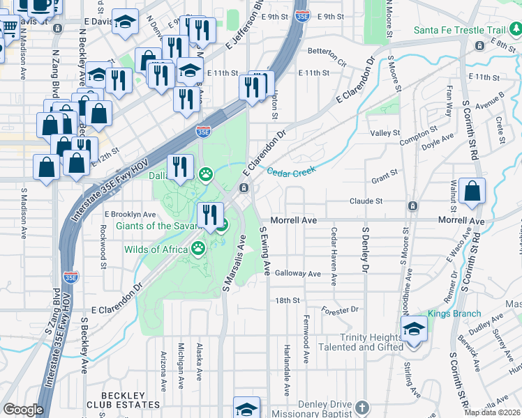 map of restaurants, bars, coffee shops, grocery stores, and more near 902 South Ewing Avenue in Dallas
