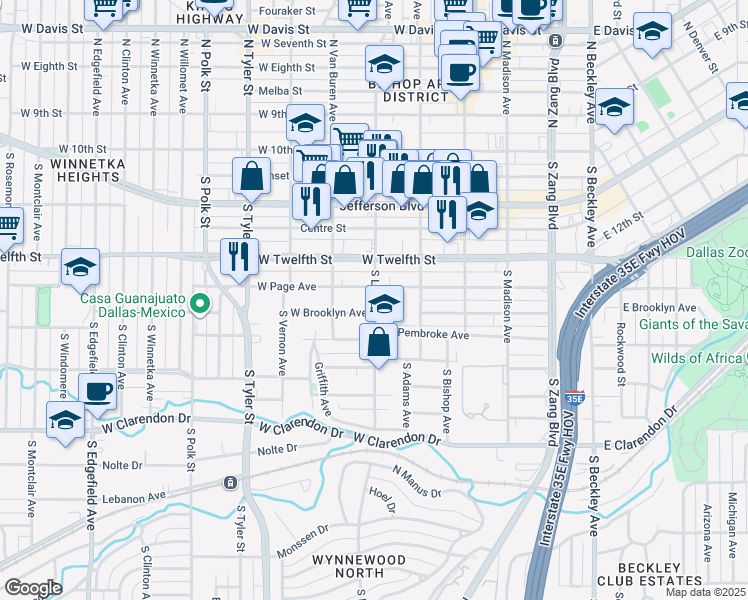 map of restaurants, bars, coffee shops, grocery stores, and more near 606 West Brooklyn Avenue in Dallas