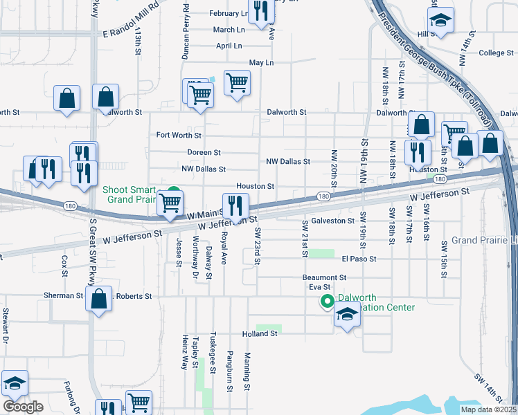 map of restaurants, bars, coffee shops, grocery stores, and more near 2217 West Jefferson Street in Grand Prairie