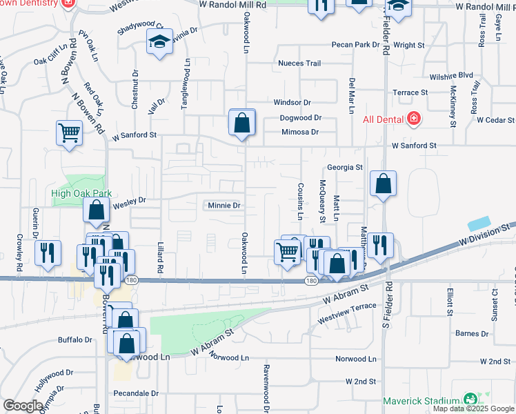 map of restaurants, bars, coffee shops, grocery stores, and more near 441 Oakwood Lane in Arlington