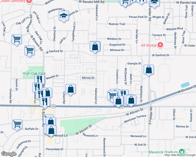 map of restaurants, bars, coffee shops, grocery stores, and more near 441 Oakwood Lane in Arlington