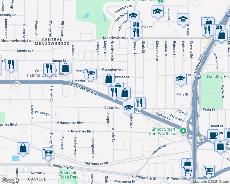 map of restaurants, bars, coffee shops, grocery stores, and more near 5513 Texas 180 in Fort Worth