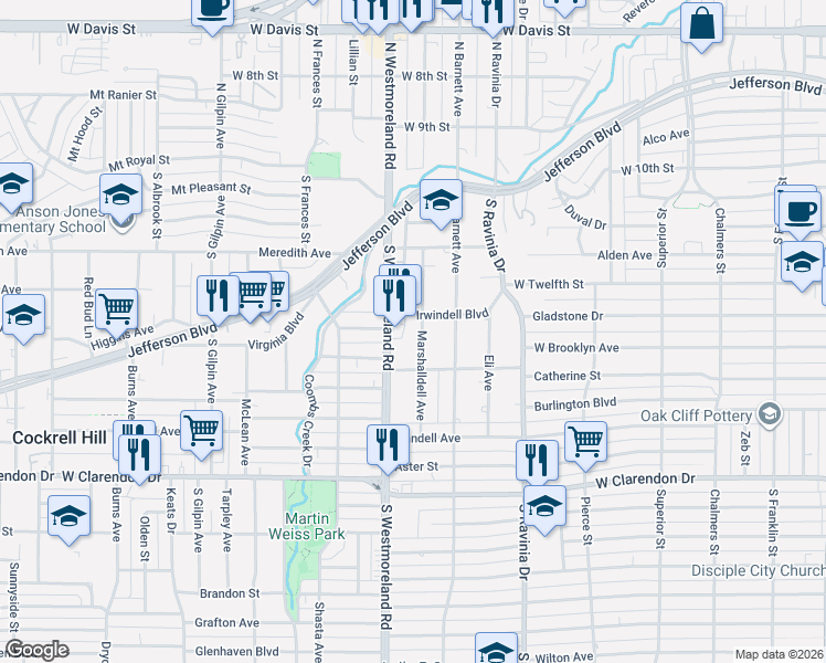 map of restaurants, bars, coffee shops, grocery stores, and more near 711 Marshalldell Avenue in Dallas
