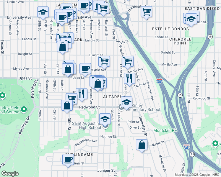 map of restaurants, bars, coffee shops, grocery stores, and more near in San Diego