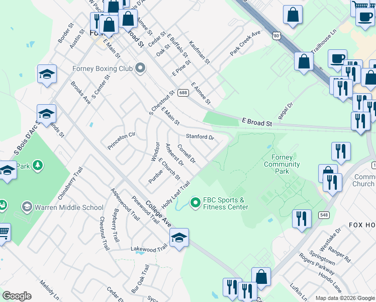 map of restaurants, bars, coffee shops, grocery stores, and more near 223 Amherst Drive in Forney