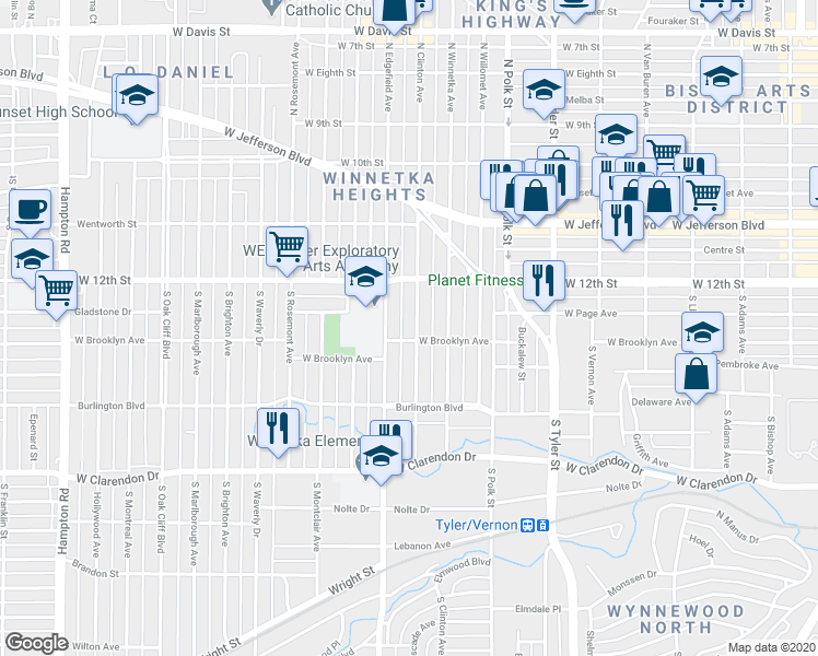 map of restaurants, bars, coffee shops, grocery stores, and more near 619 South Clinton Avenue in Dallas