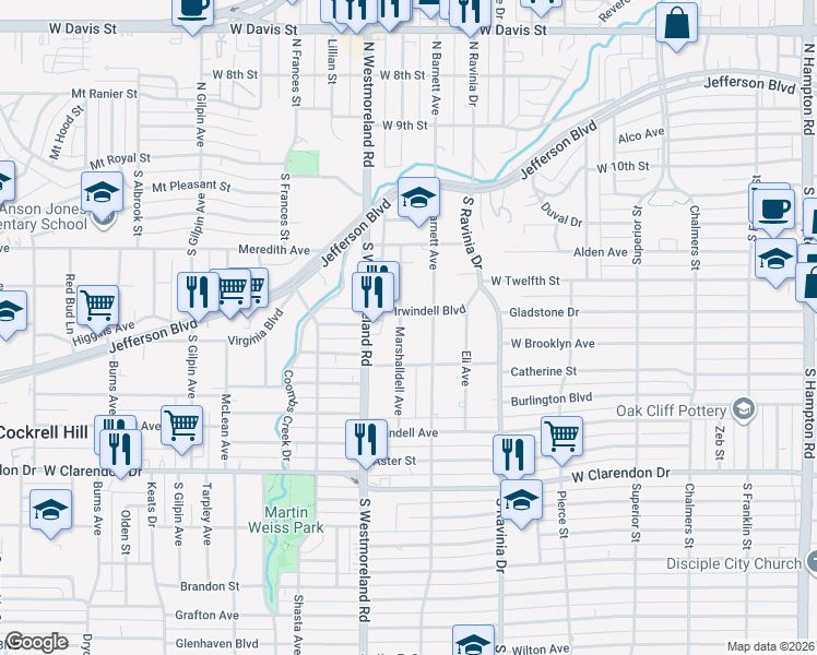map of restaurants, bars, coffee shops, grocery stores, and more near 711 Marshalldell Avenue in Dallas