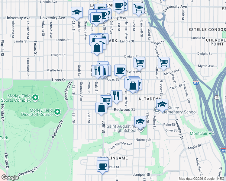 map of restaurants, bars, coffee shops, grocery stores, and more near 3317 Grim Avenue in San Diego