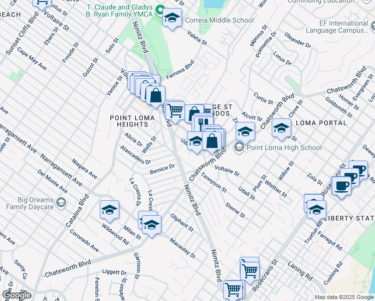 map of restaurants, bars, coffee shops, grocery stores, and more near 3757 Udall Street in San Diego