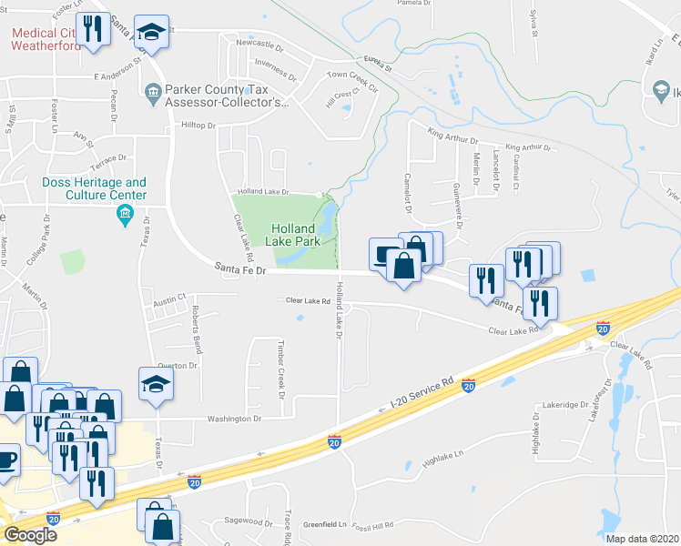 map of restaurants, bars, coffee shops, grocery stores, and more near 1501 Holland Lake Drive in Weatherford