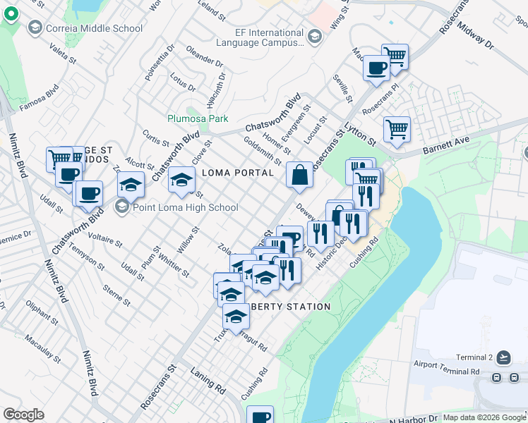 map of restaurants, bars, coffee shops, grocery stores, and more near 3039 Dumas Street in San Diego