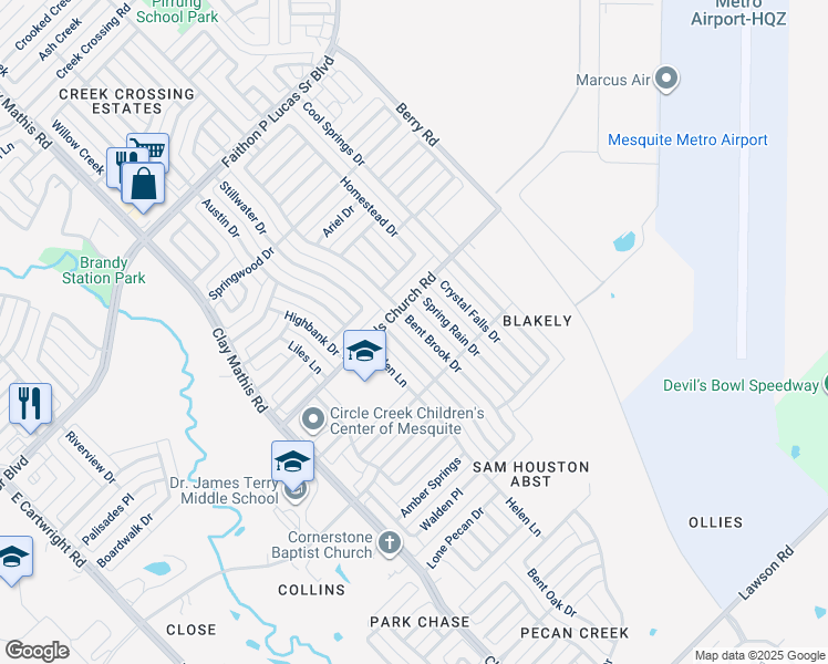 map of restaurants, bars, coffee shops, grocery stores, and more near 2521 Bent Brook Drive in Mesquite