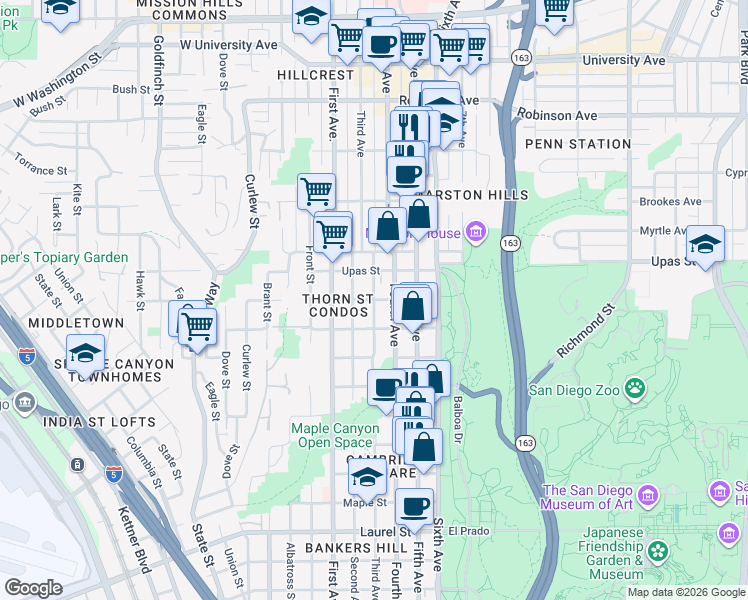 map of restaurants, bars, coffee shops, grocery stores, and more near 3rd Avenue & Thorn Street in San Diego