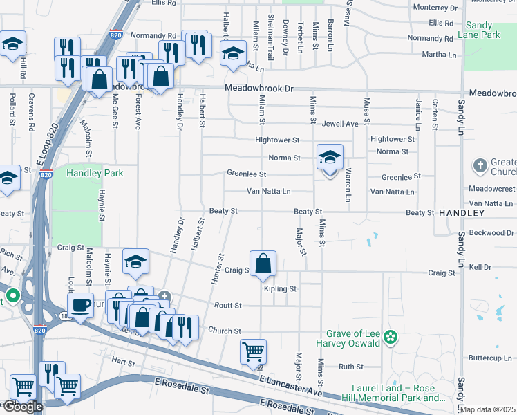 map of restaurants, bars, coffee shops, grocery stores, and more near 6837 Beaty Street in Fort Worth
