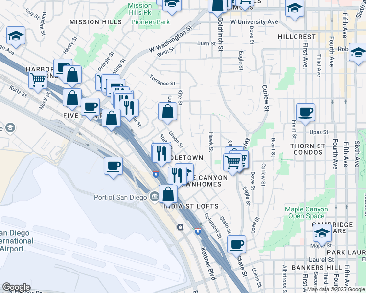map of restaurants, bars, coffee shops, grocery stores, and more near 3380 Jackdaw Street in San Diego