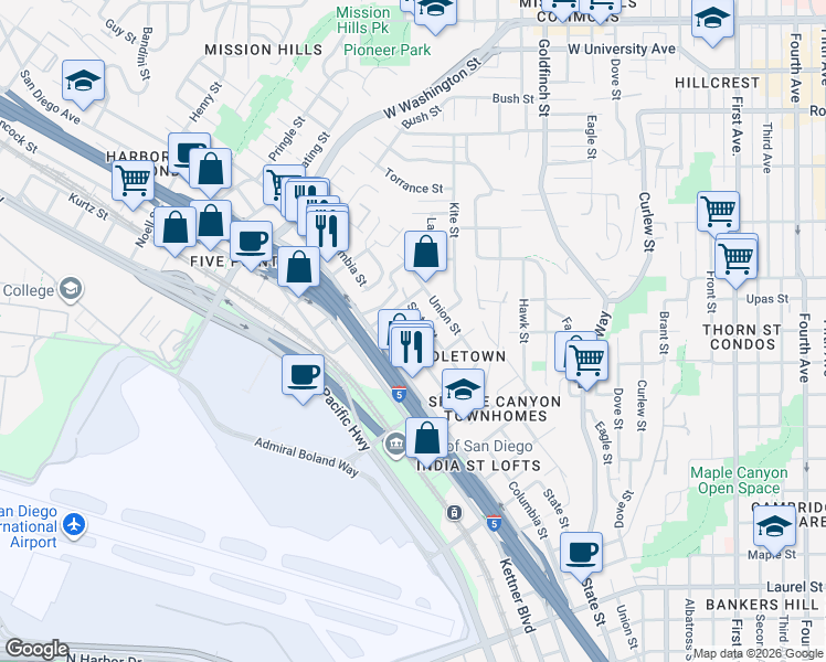 map of restaurants, bars, coffee shops, grocery stores, and more near 1512 West Upas Street in San Diego