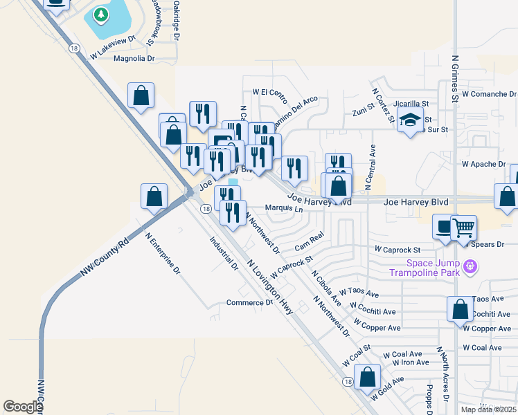 map of restaurants, bars, coffee shops, grocery stores, and more near 1711 Marquis Lane in Hobbs
