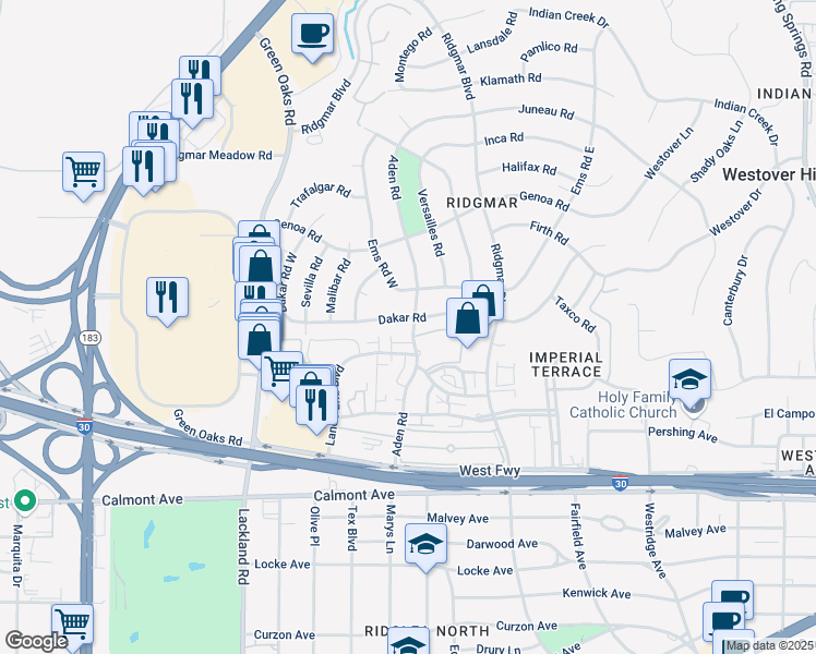 map of restaurants, bars, coffee shops, grocery stores, and more near 6500 Dakar Road in Fort Worth