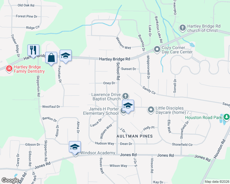 map of restaurants, bars, coffee shops, grocery stores, and more near 5707 School Road in Macon