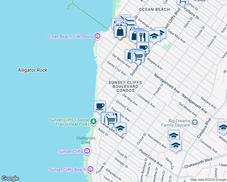map of restaurants, bars, coffee shops, grocery stores, and more near 4885 Del Mar Avenue in San Diego