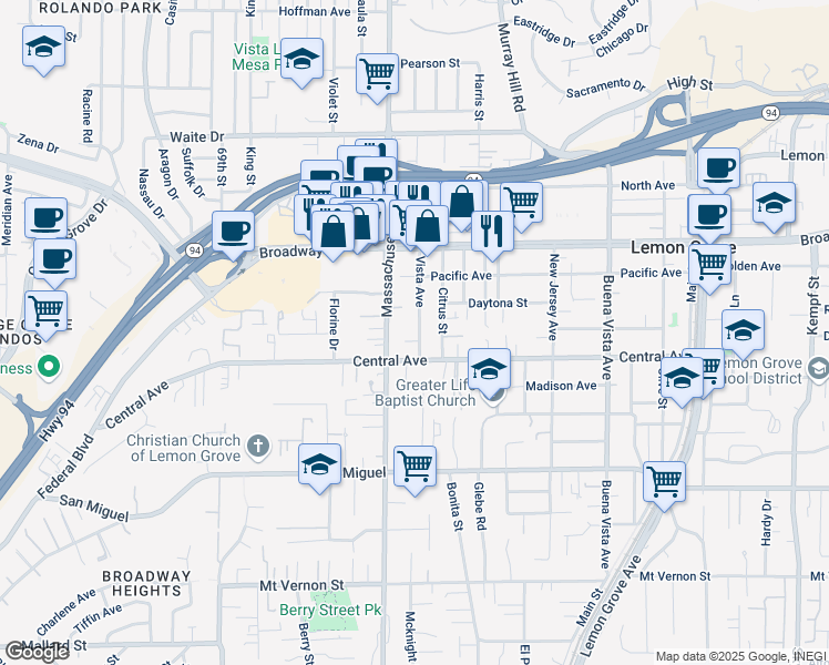 map of restaurants, bars, coffee shops, grocery stores, and more near 3218 Vista Avenue in Lemon Grove