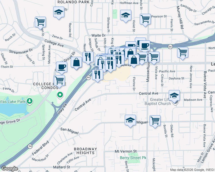 map of restaurants, bars, coffee shops, grocery stores, and more near 3262 College Place in Lemon Grove