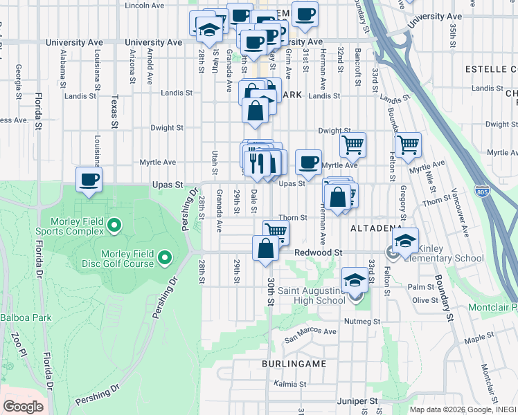 map of restaurants, bars, coffee shops, grocery stores, and more near 3360 Dale Street in San Diego