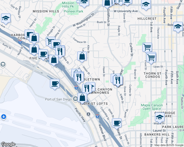 map of restaurants, bars, coffee shops, grocery stores, and more near 3380 Jackdaw Street in San Diego