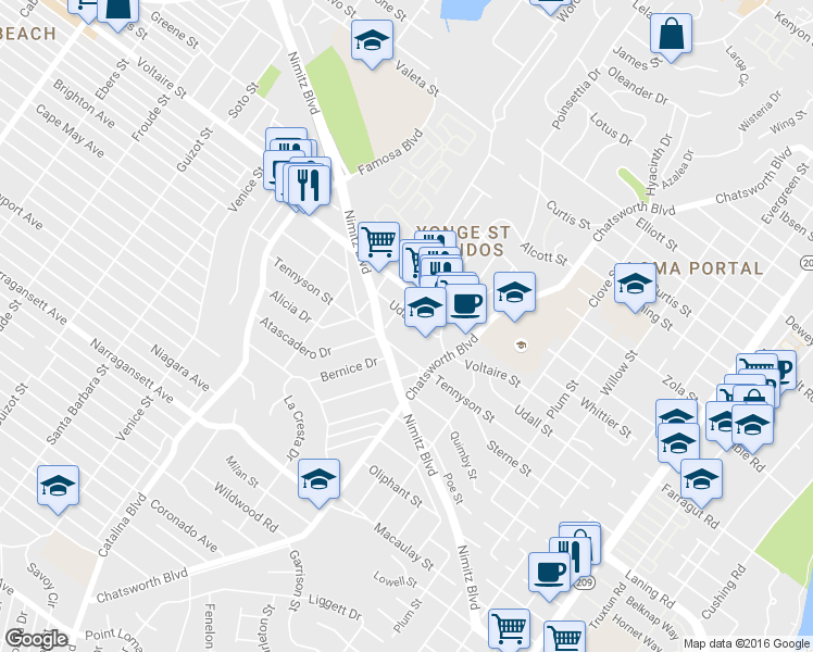 map of restaurants, bars, coffee shops, grocery stores, and more near 2150 Worden Street in San Diego