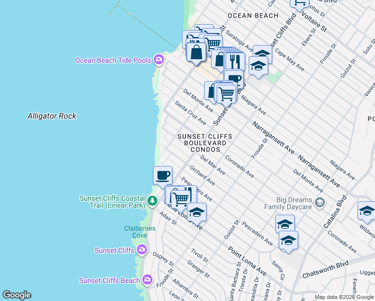 map of restaurants, bars, coffee shops, grocery stores, and more near 4825 Coronado Avenue in San Diego