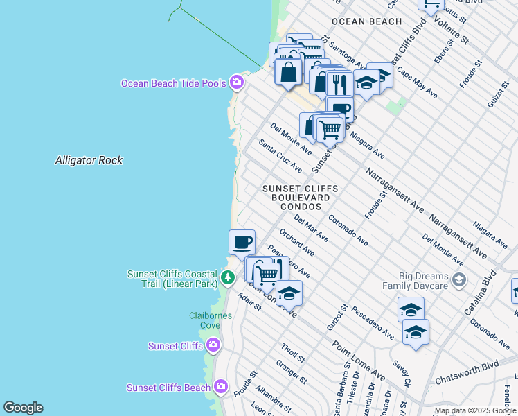 map of restaurants, bars, coffee shops, grocery stores, and more near in San Diego